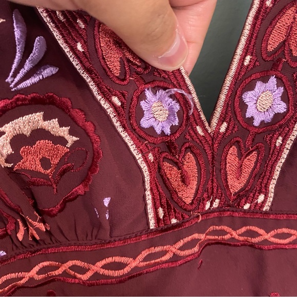 Anthropologie V Neck Deco Midi Dress‎ Embroidered Floral Wine Red Large - Picture 5 of 11